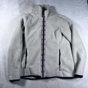 Orvis Jacket‎ Womens XS Cream Sherpa Fleece Full Zip Navy Trim Zip Pockets Cozy